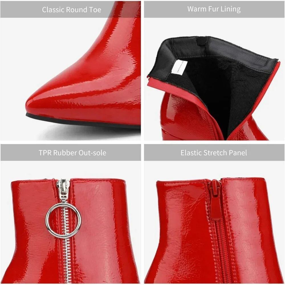 Dream Pairs Women's Red/Pat-3 Pointed Toe Fur Lining Block Heel Ankle Booties